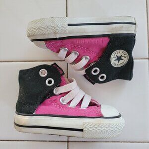 Converse All Star Infant High Top Sneakers Size 2 Black Pink Canvas Shoes‎